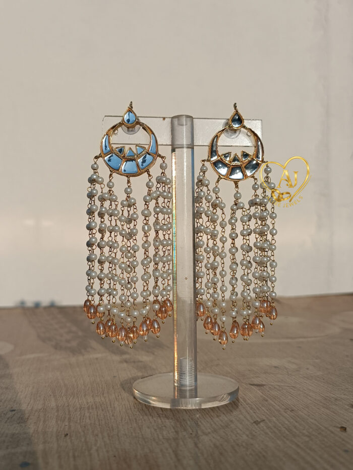 Cascading Pearl Chain Kundan Earrings – 24K Gold Plated - Image 4