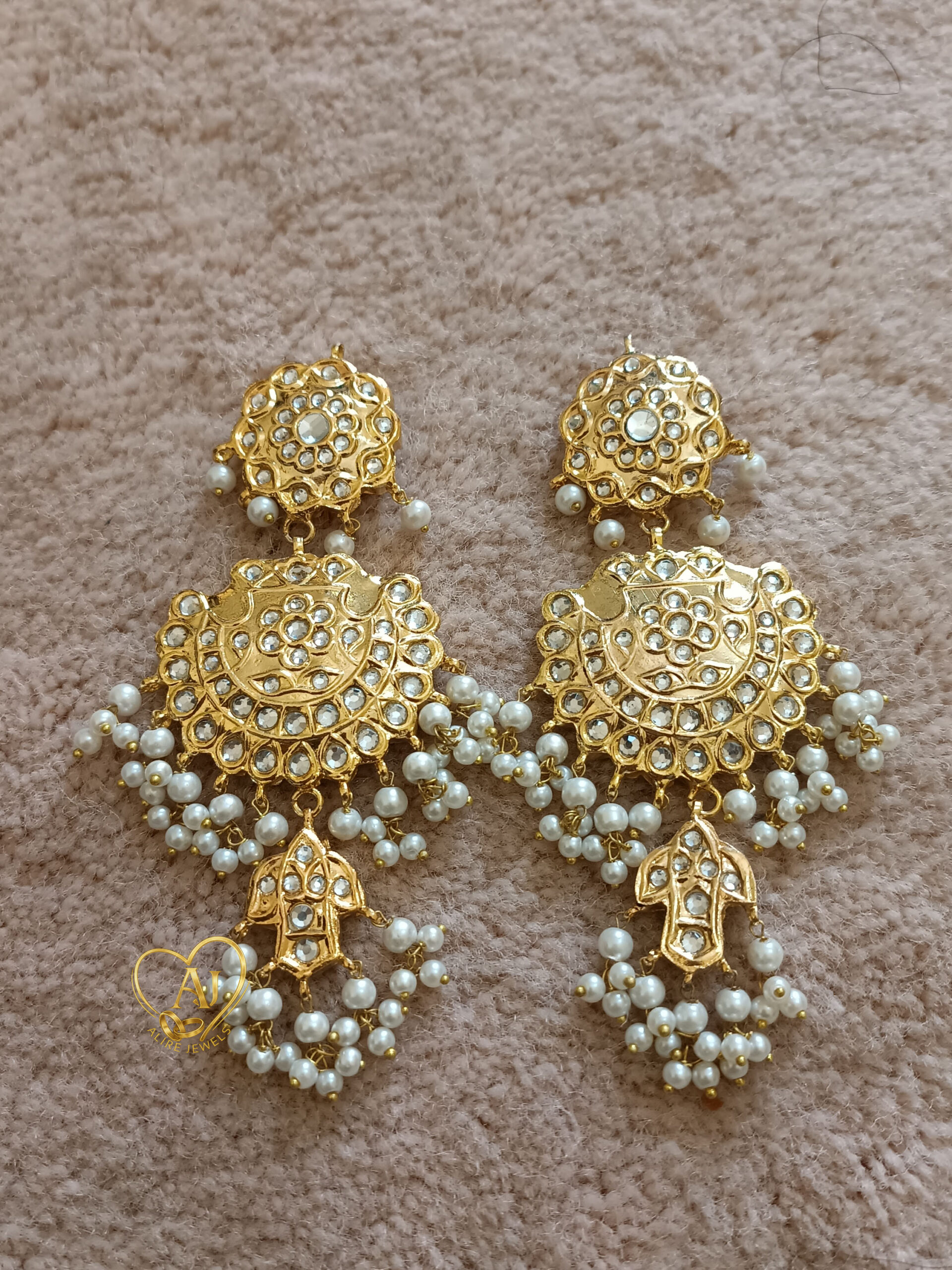 img-A50 Heritage Charm Kundan Earrings – 24K Gold Plated with Pearl Clusters Luxury kundan long earrings with floral top, crescent base, and charm drop Traditional bridal kundan earrings with anti-tarnish guarantee