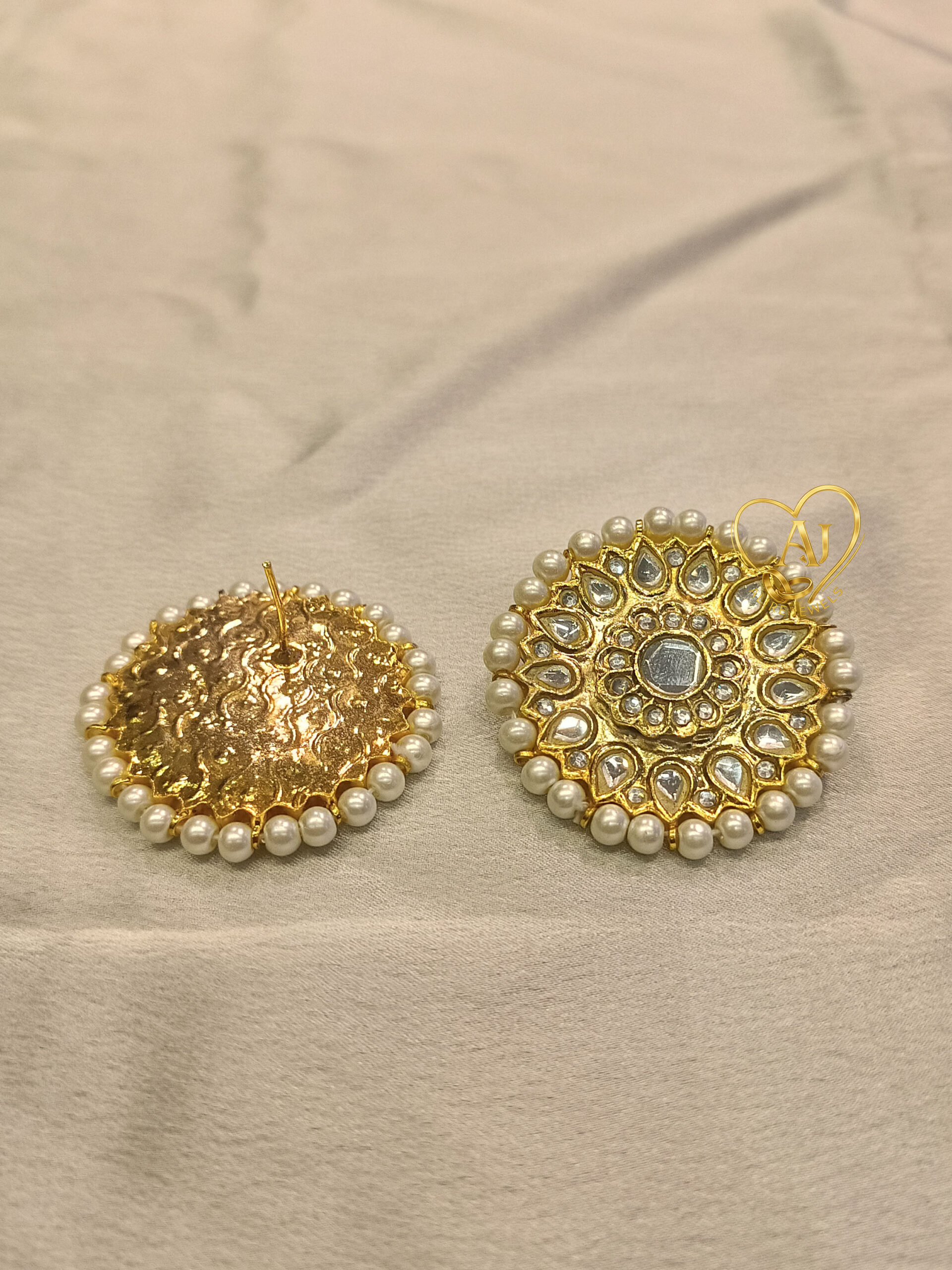 img-A54 Grandeur Kundan Stud Earrings – 24K Gold Plated with Pearl Border Oversized kundan studs with pearl edging – Anti Tarnish Jewelry
