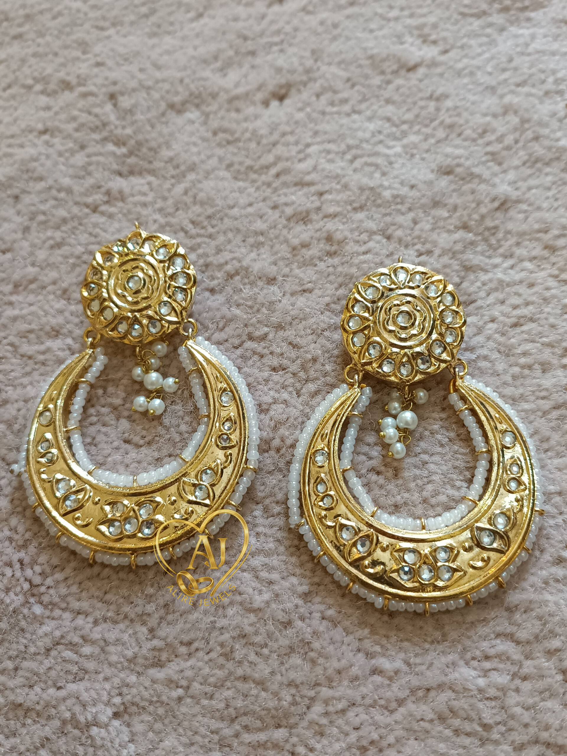 img-A56 Classic Crescent Kundan Earrings – 24K Gold Plated with Pearl Accents Handcrafted crescent kundan earrings with pearls – Anti Tarnish Jewelry