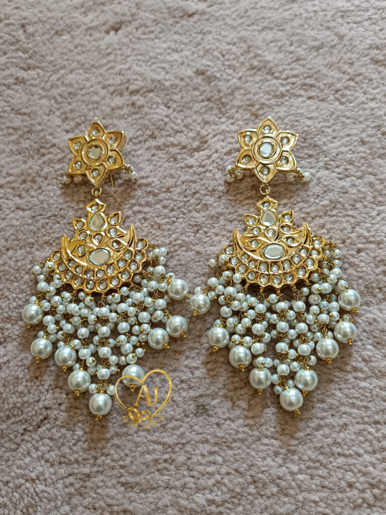Royal Pearl Chandbali – 24K Gold Plated Kundan Earrings with Pearls Luxury kundan chandbali earrings with floral top and pearl clusters Bridal kundan chandbali earrings – Traditional heritage jewelry