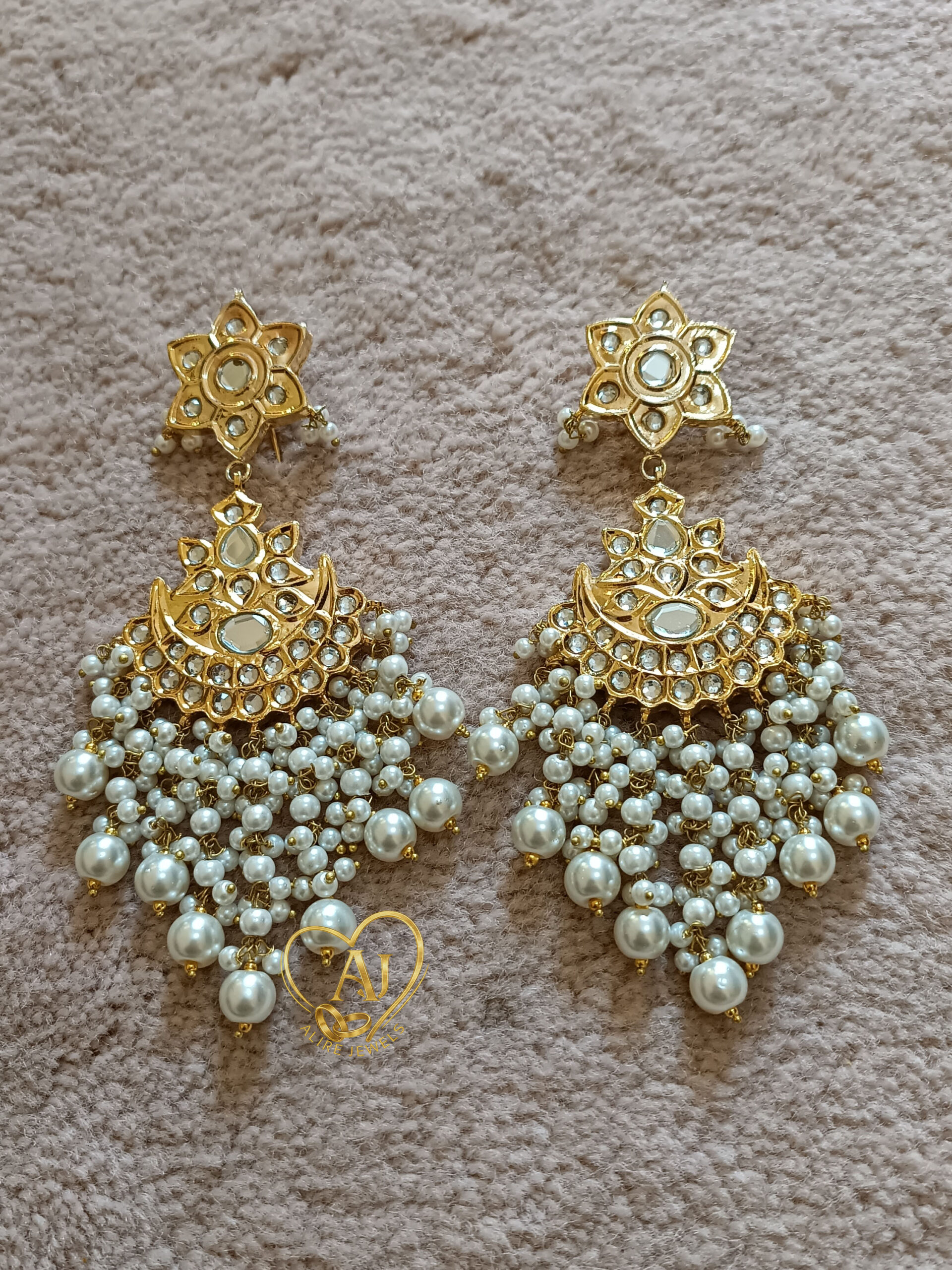 img-A57 Royal Pearl Chandbali – 24K Gold Plated Kundan Earrings with Pearls Luxury kundan chandbali earrings with floral top and pearl clusters Bridal kundan chandbali earrings – Traditional heritage jewelry