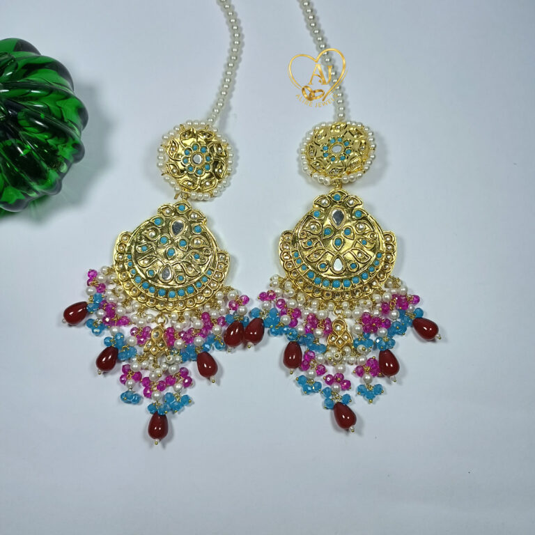 Graceful Kundan Chandbali Earrings – 24K Gold Plated with Multicolor Beads Turquoise kundan chandbali earrings with pearls & multicolor drops – Anti tarnish