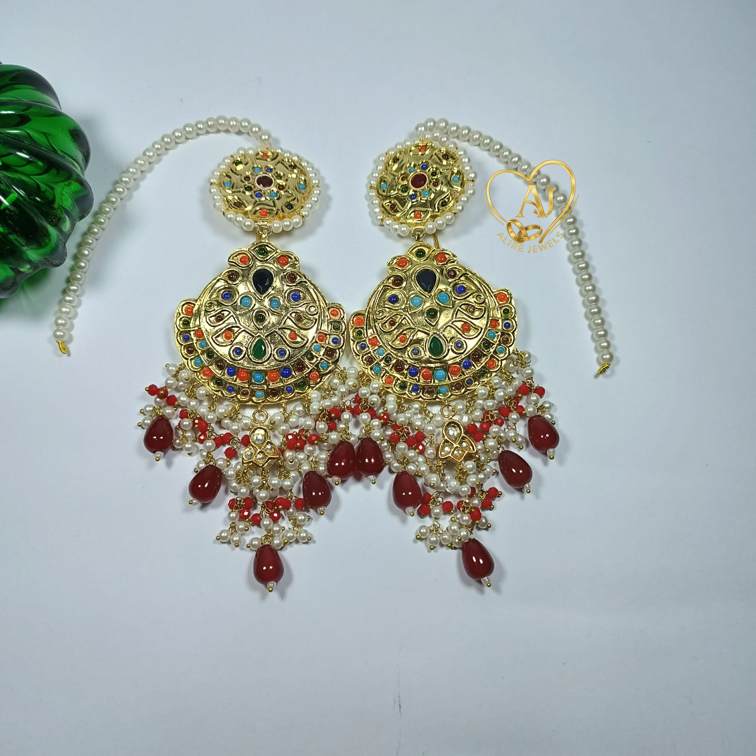 img-B63 Vintage Kundan Chandbali Earrings – 24K Gold Plated with Red Beads & Pearls Multi-stone kundan chandbali earrings with red drops – Anti Tarnish Jewelry