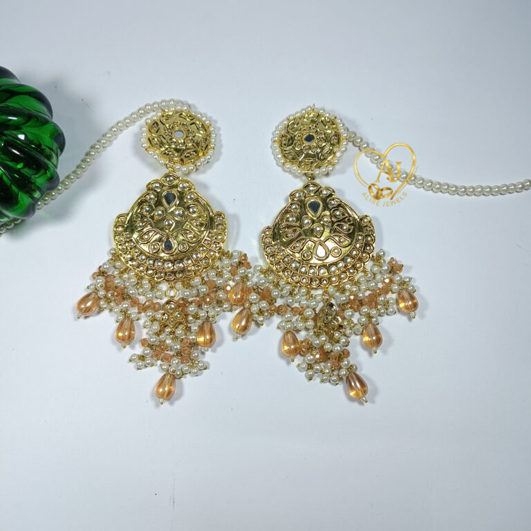 Elegant Kundan Chandbali Earrings – 24K Gold Plated with Pearl & Bead Drops Handcrafted Kundan Earrings – Chandbali Design, Anti Tarnish Guarantee Traditional Kundan Chandbali Earrings with Pearls – Looks Like Real Gold
