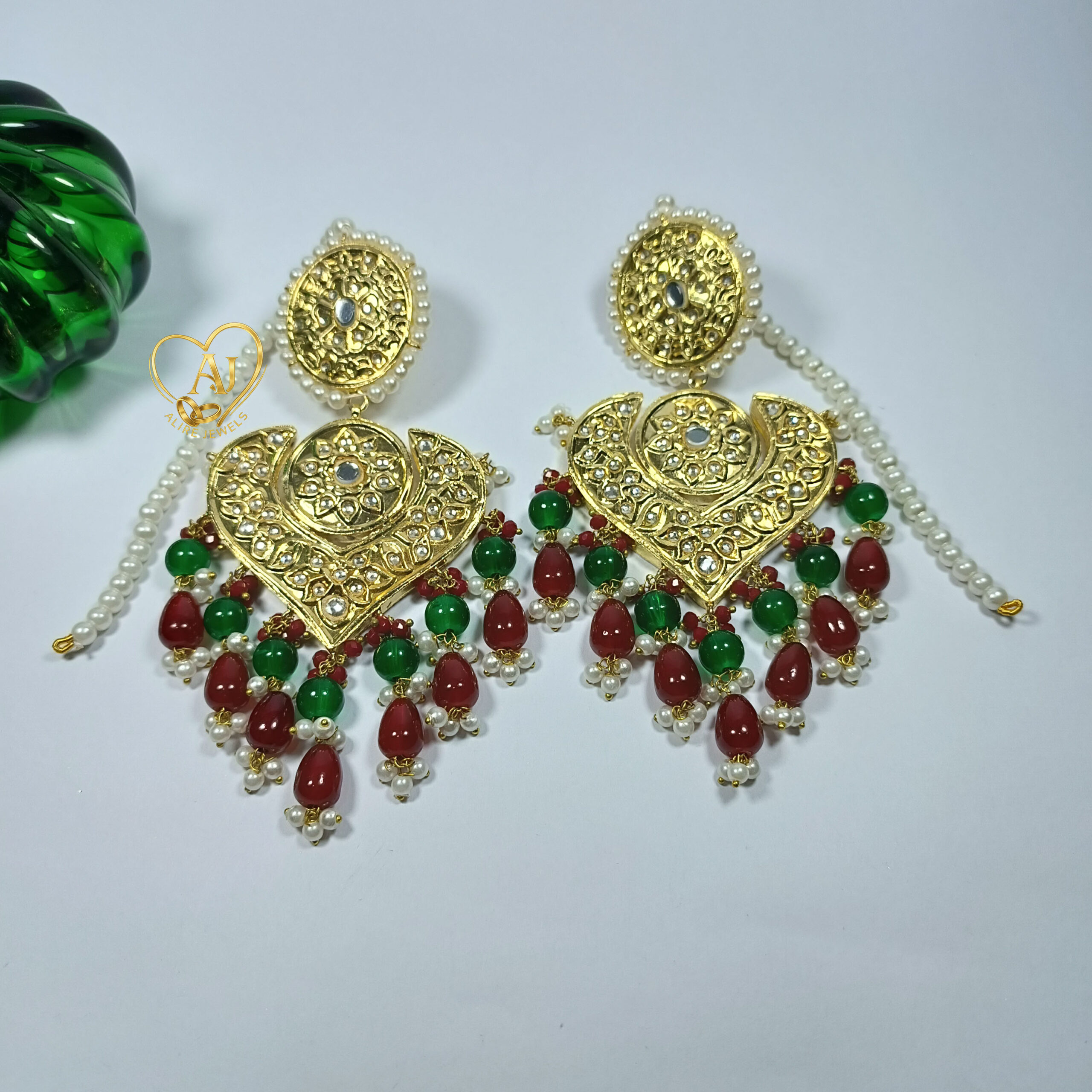 img-B66 Majestic Kundan Earrings – 24K Gold Plated with Green & Red Bead Drops