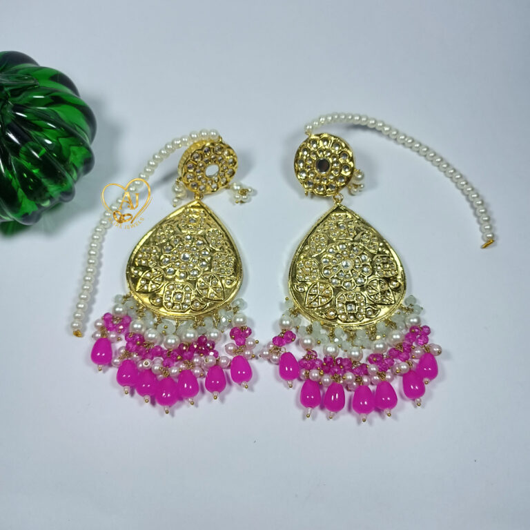 Regal Teardrop Kundan Earrings – 24K Gold Plated Jewelry. Luxury kundan earrings with pearls and bead hangings – Anti Tarnish Guarantee. Handcrafted teardrop kundan earrings for weddings and festive wear