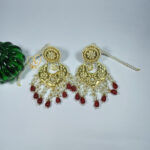 Kundan Chandbali Earrings – 24K Gold Plated with Red Beads & Pearl Strings Handcrafted Red Bead Kundan Earrings – Anti Tarnish Jewelry, 24K Gold Plated