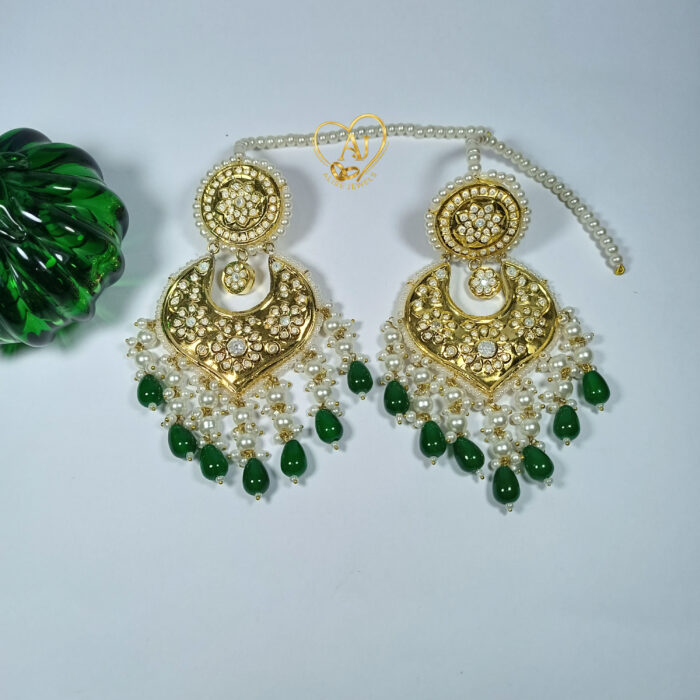 Classic Kundan Chandbali Earrings – 24K Gold Plated with Green Beads Handmade Green Bead Kundan Earrings with Pearl Strings – 1-Year Warranty