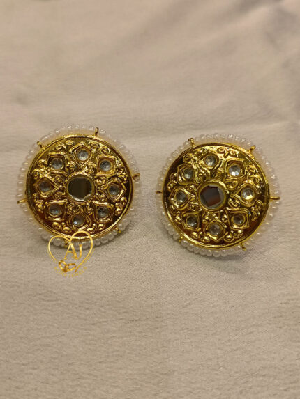 Round Kundan Stud Earrings – 24K Gold Plated with Pearl Border & Stones.Handcrafted Kundan Round Studs – 24 Karat Gold Plated, Anti Tarnish Jewelry Traditional Kundan Pearl Border Stud Earrings – Looks Like Real Gold