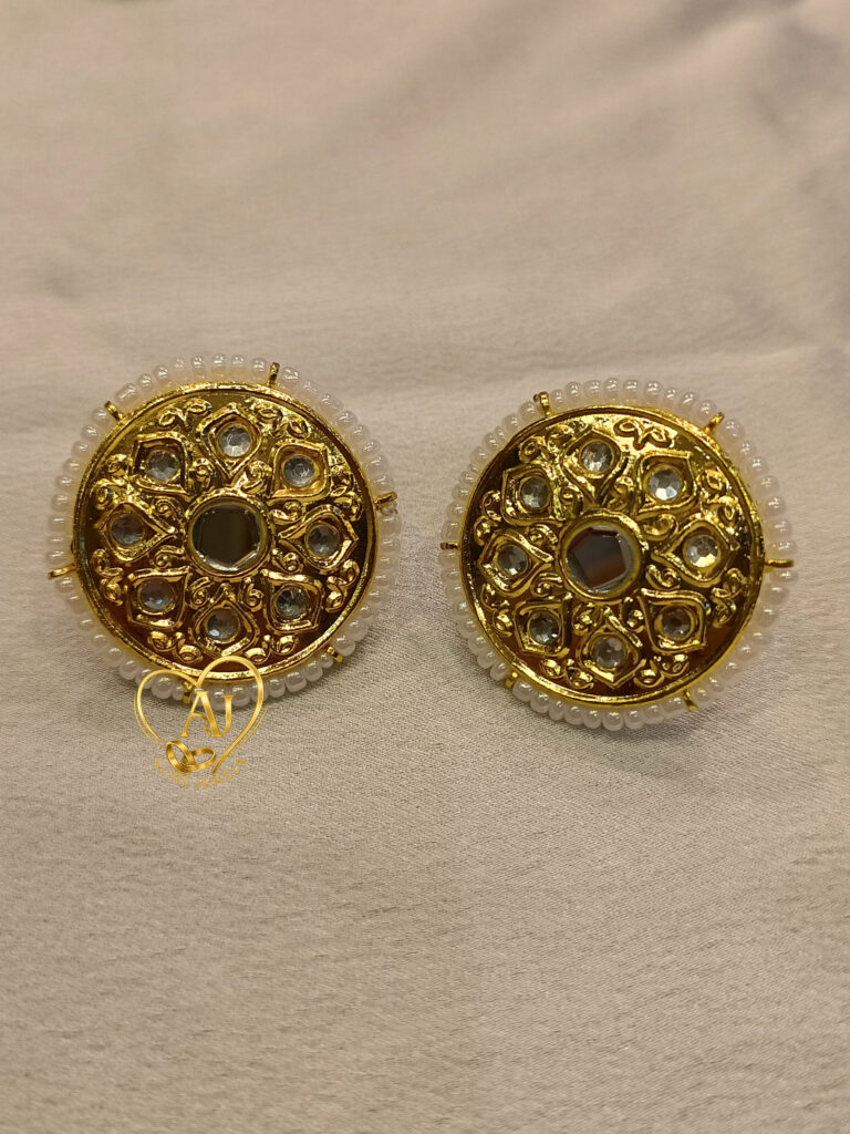 Round Kundan Stud Earrings – 24K Gold Plated with Pearl Border & Stones.Handcrafted Kundan Round Studs – 24 Karat Gold Plated, Anti Tarnish Jewelry Traditional Kundan Pearl Border Stud Earrings – Looks Like Real Gold
