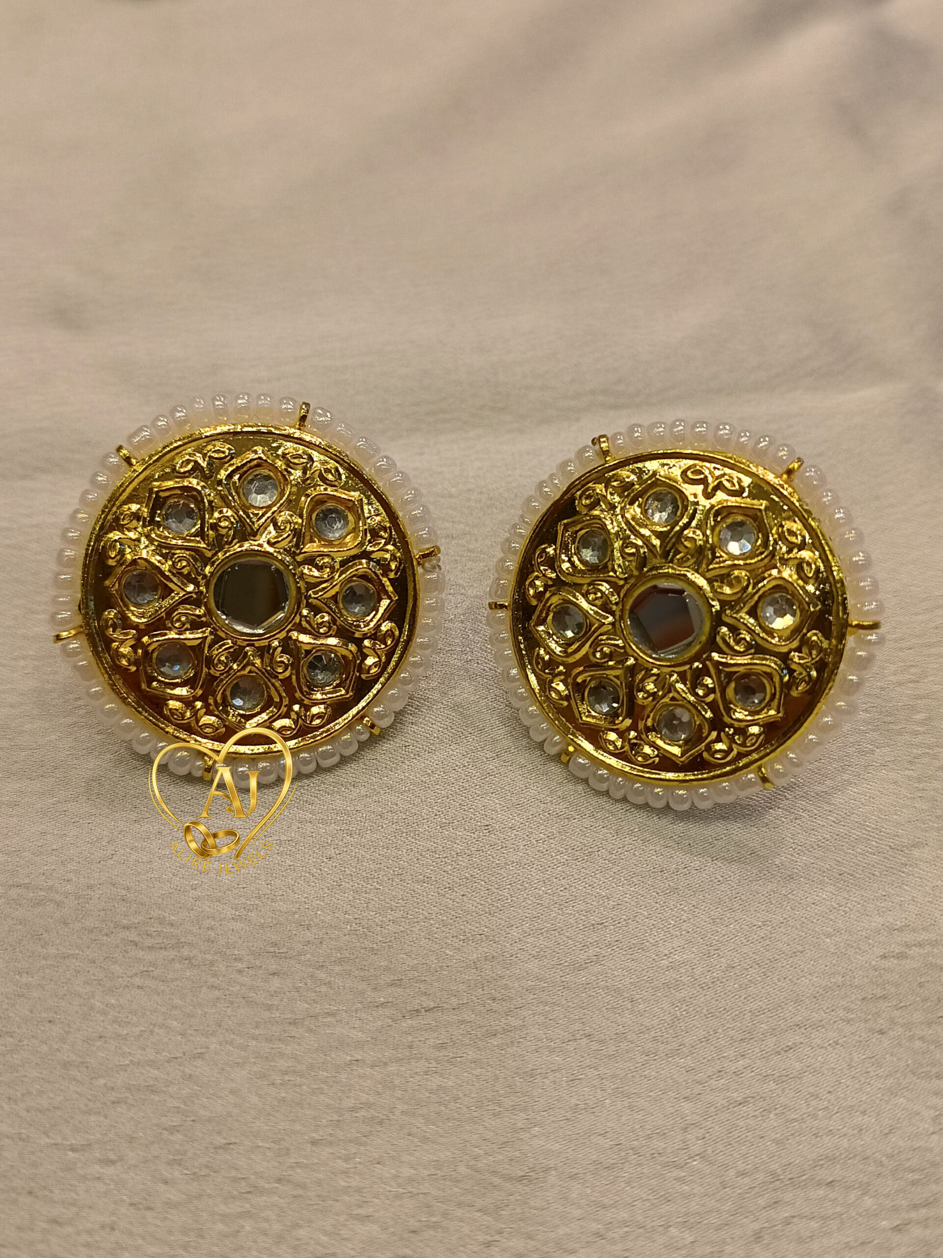 img-B77 Round Kundan Stud Earrings – 24K Gold Plated with Pearl Border & Stones.Handcrafted Kundan Round Studs – 24 Karat Gold Plated, Anti Tarnish Jewelry Traditional Kundan Pearl Border Stud Earrings – Looks Like Real Gold