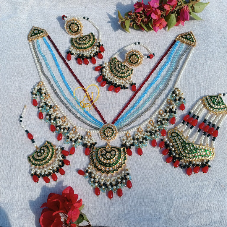 Royal Heritage Kundan Bridal Set – 24K Gold Plated Necklace with Earrings, Tikka, and Jhoomer Luxury kundan bridal set with pearls and meenakari work – Anti Tarnish Guarantee Complete bridal jewelry kundan set – Necklace and matching accessories