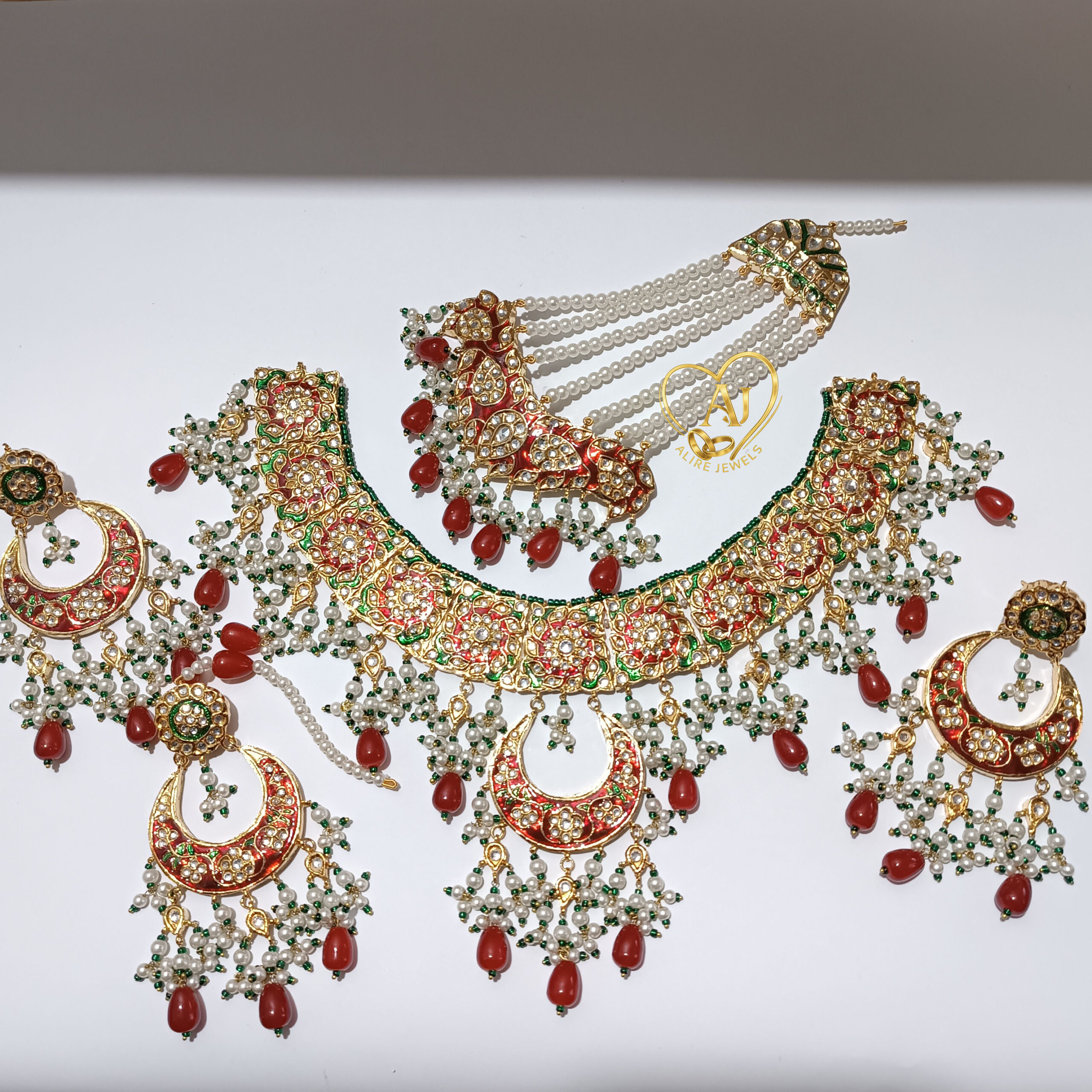 img-B91 24K Gold Plated Kundan Bridal Necklace Set with Earrings & Tika – Red & Green Beads Handcrafted Kundan Bridal Jewelry Set – 24 Karat Gold Plated with Anti Tarnish Warranty Traditional Kundan Bridal Necklace Set for Weddings – Looks Like Real Gold